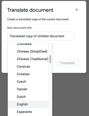 Sprachauswahl bei der Übersetzung des Google Docs