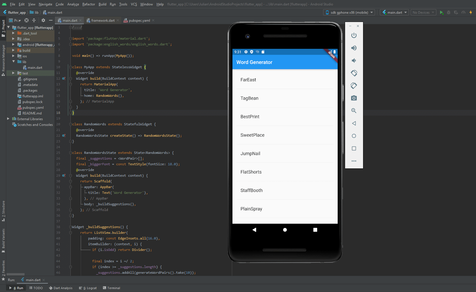 Android Studio und virtuelle Android-Maschine mit der Flutter-Beispiel-App