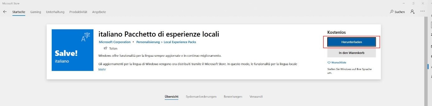 Microsoft Store: Download des Local Experience Packs „Italienisch“