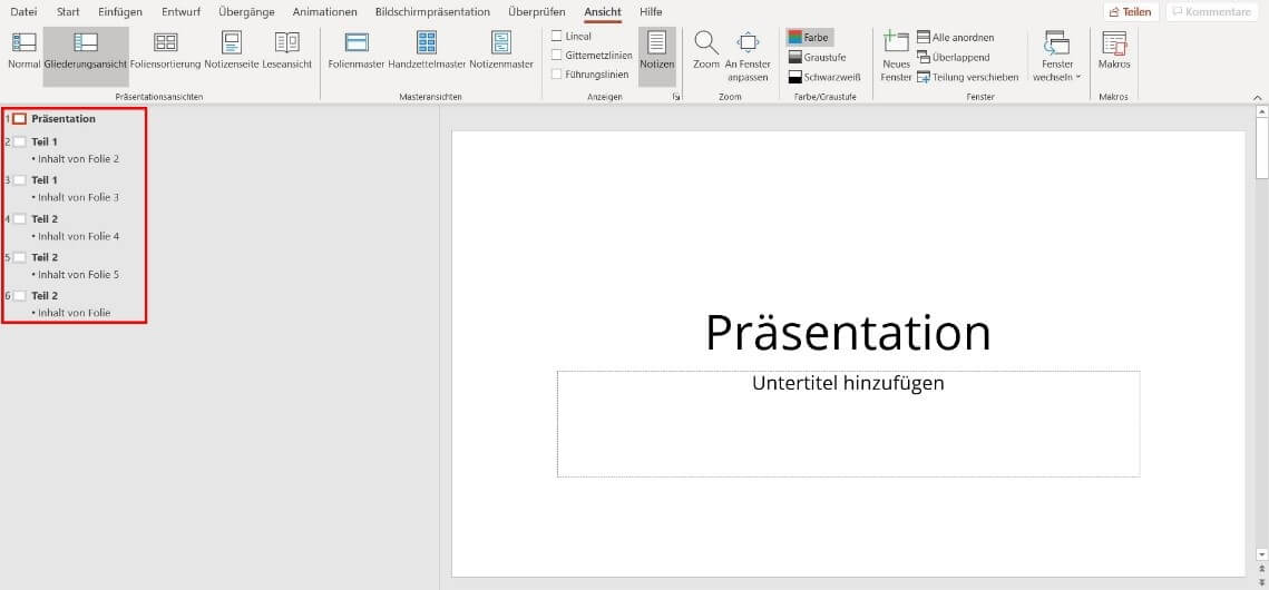 PowerPoint-Gliederungsansicht: Elemente