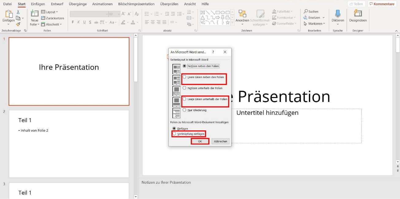 PowerPoint an Microsoft Word senden: Optionen