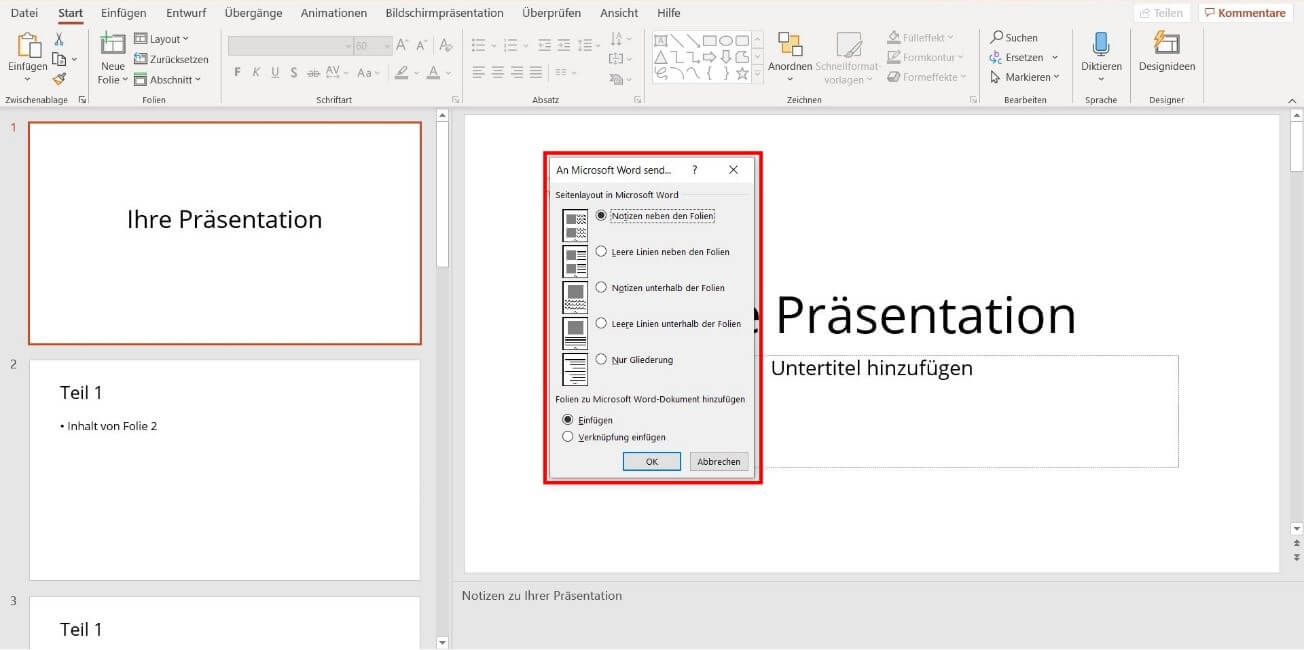 PowerPoint-Präsentation an Microsoft Word senden