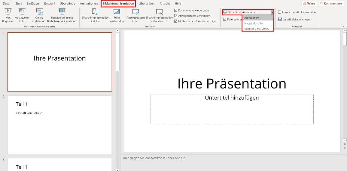 PowerPoint-Präsentationsbildschirm auswählen