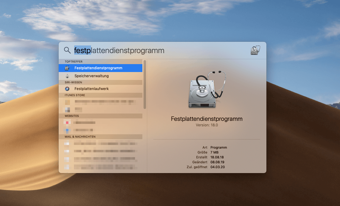 Spotlight-Suche in macOS: Festplattendienstprogramm