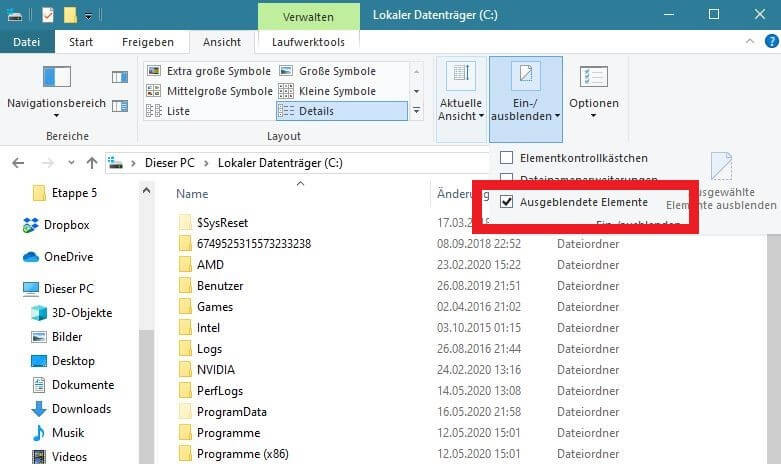 Versteckte Dateien und Ordner in Windows 10 anzeigen