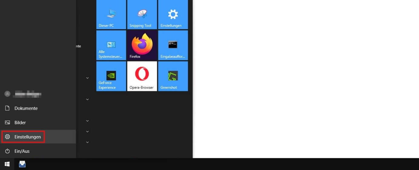 Startmenü von Windows 10: Schaltfläche „Einstellungen“