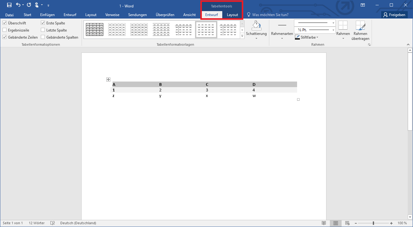 Auswahl an Tabellentools in Word