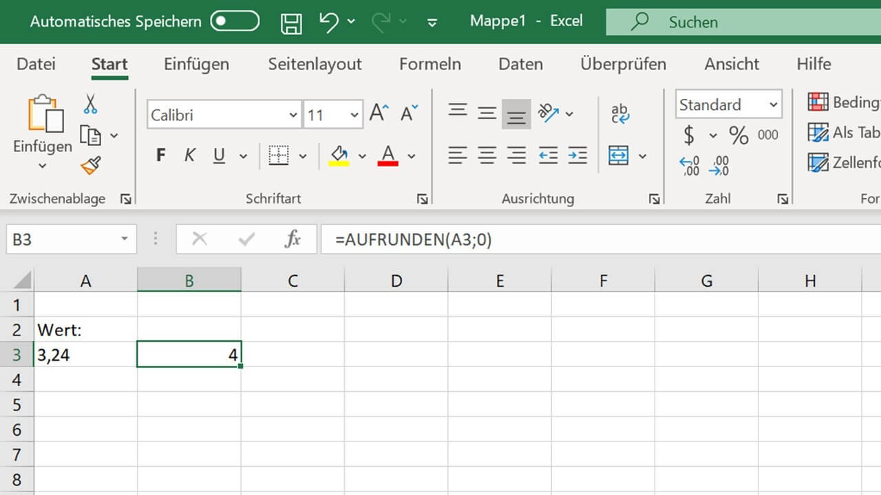 AUFRUNDEN-Funktion in Excel ohne Nachkommastellen