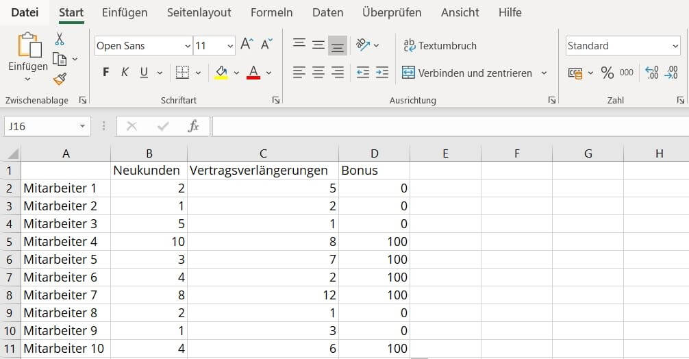 Beispiel-Excel-Tabelle mit Ausgaberesultat