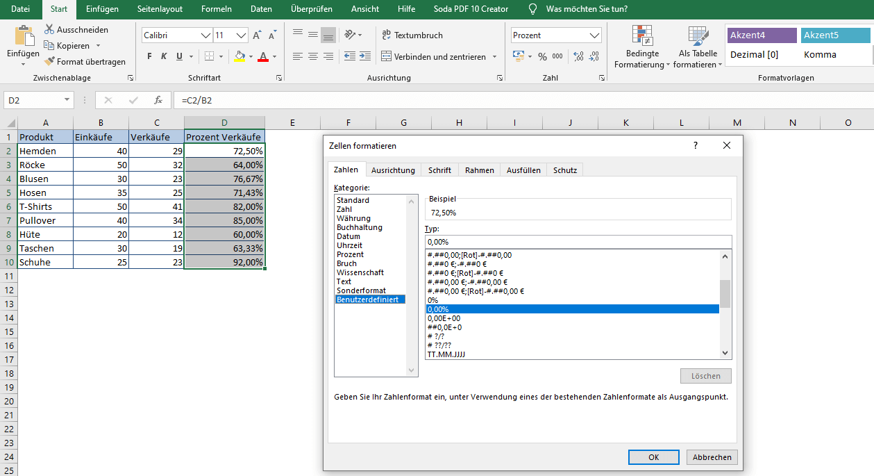 Benutzerdefinierte Prozent-Formate in Excel