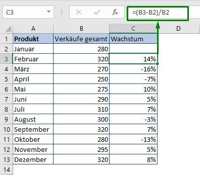 Berechnung des prozentualen Wachstums zwischen zwei Zeilen in Excel