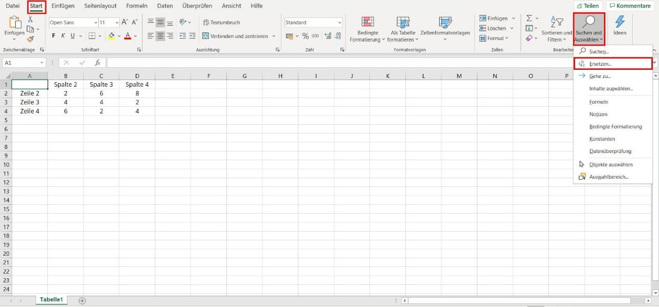 Dialogfeld in Excel mit „Suchen“ und „Ersetzen“ als Funktionen