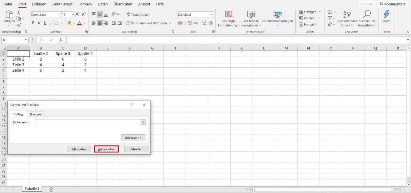Dialogfeld von Excel: Suchen und Ersetzen