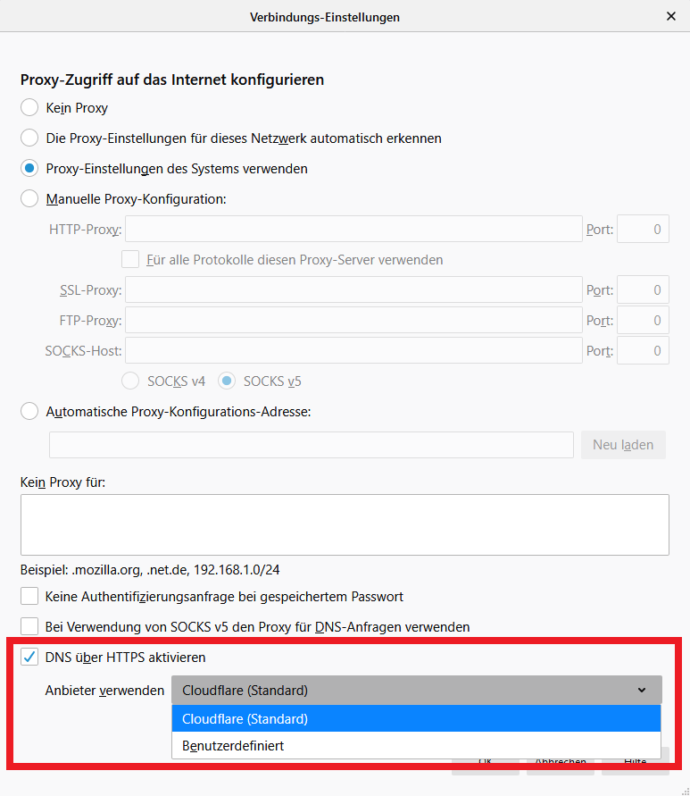 Option für DNS over HTTPS in Firefox