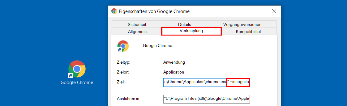 Eigenschaften der Chrome-Desktop-Verknüpfung