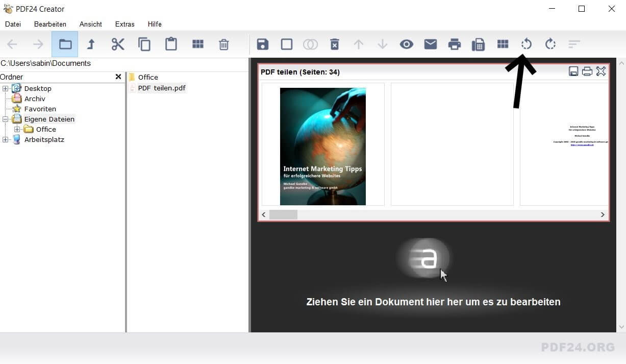 Ein Pfeil markiert die Funktion „Seiten drehen“ im Programm PDF24