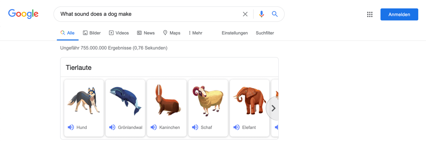 Ergebnisseite mit Tierlauten bei Google