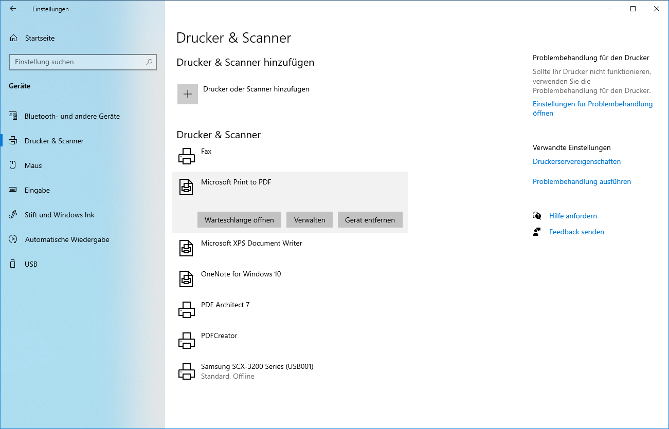 Menü, über das Sie in Windows 10 Drucker verwalten 