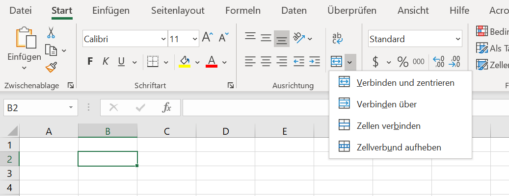 In Excel mit „Verbinden und Zentrieren“ Zellen zusammenfügen