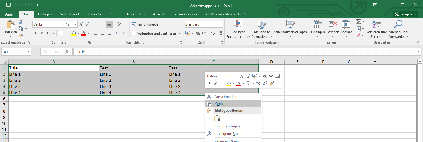 Excel-Tabelle markieren und kopieren 