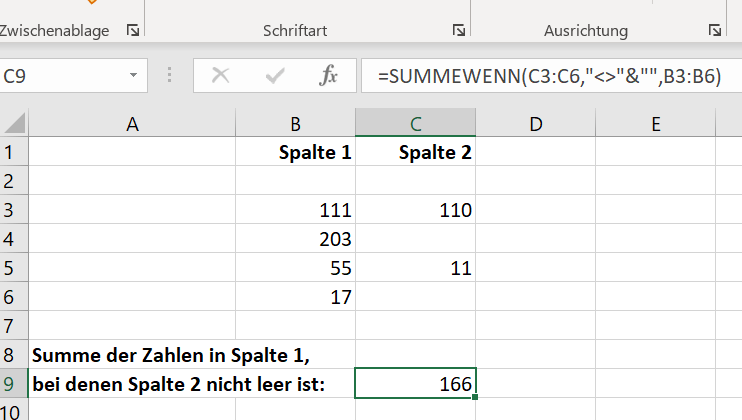 Excel: UNGLEICH + SUMMEWENN
