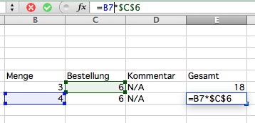 Excel-Beispiel für die Anwendung des $-Zeichens 