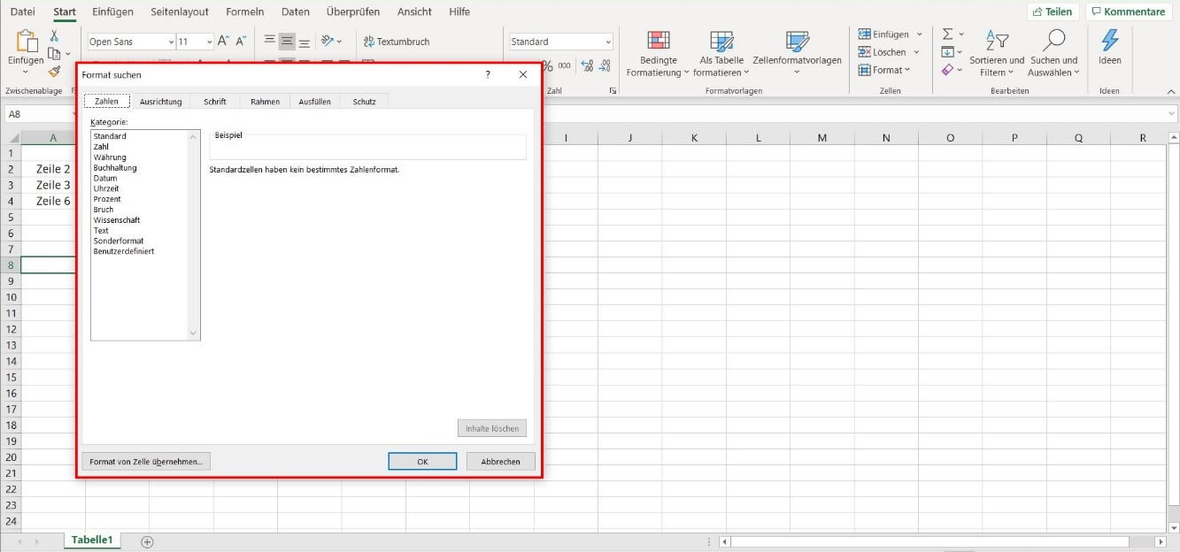 Fenster, in dem man in Excel nach Zellen mit einer bestimmten Formatierung suchen kann