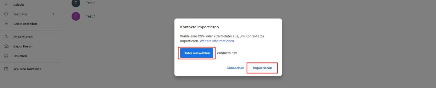 „Kontakte importieren“-Dialog in Google „Kontakte“