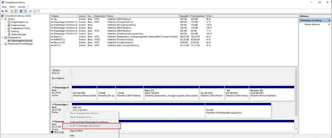 Windows-Datenträgerverwaltung: GPT-Umwandlung