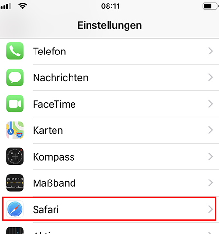 Safari-Eintrag im iOS-Menü „Einstellungen“