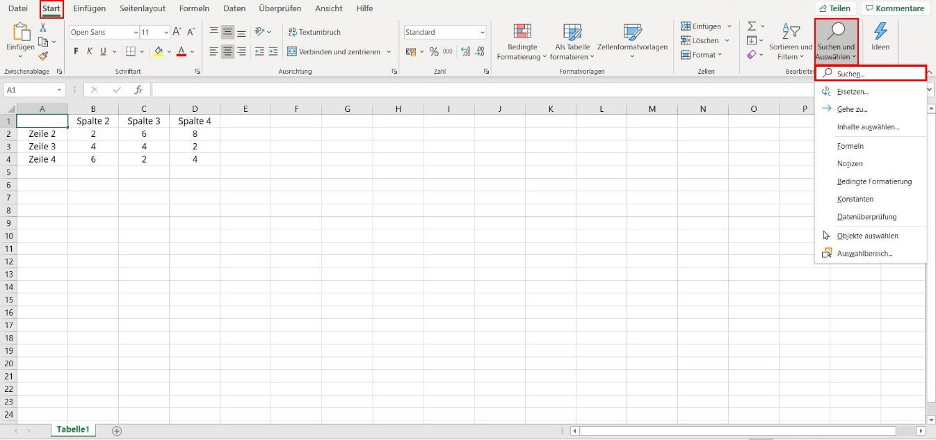 In Excel suchen und ersetzen, Zugriff über das Menü