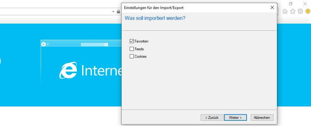 Internet Explorer 11: Lesezeichen-Import-Dialog