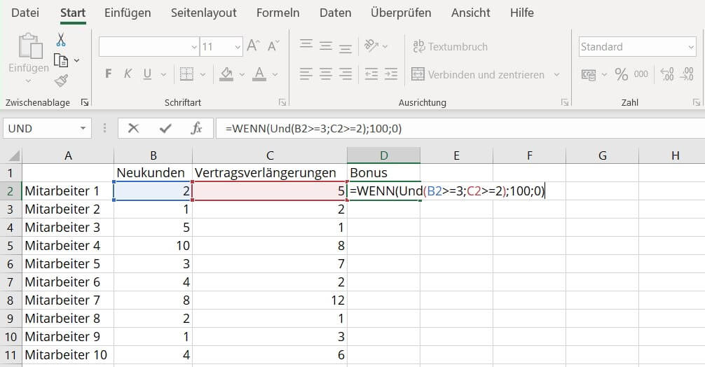 Kombination der Excel-Funktionen UND und WENN