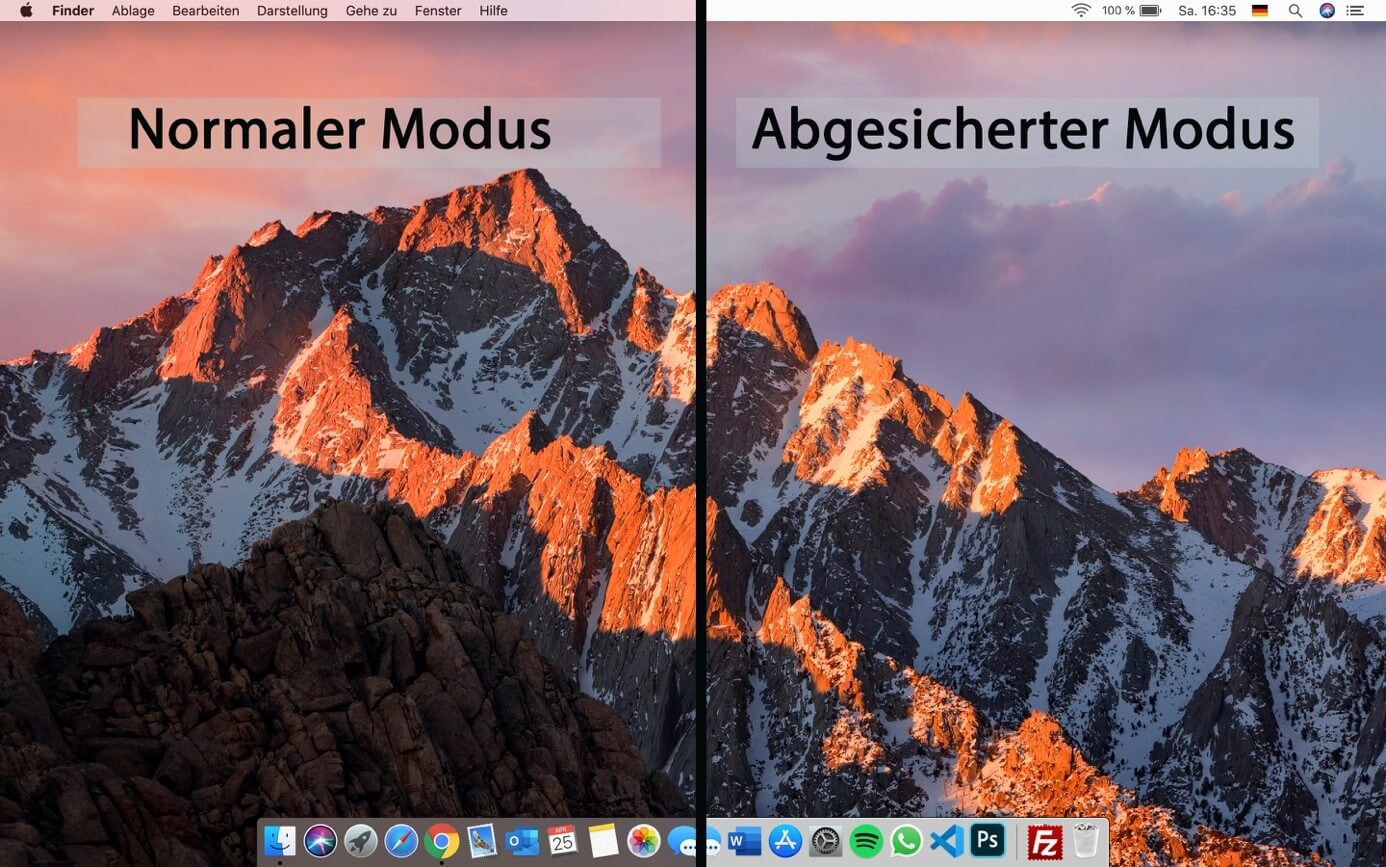 macOS: Vergleich „Normaler Modus“ und „Abgesicherter Modus“