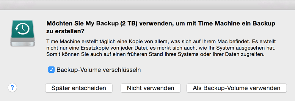 macOS-Meldung: Speichermedium als Backup-Volumen verwenden