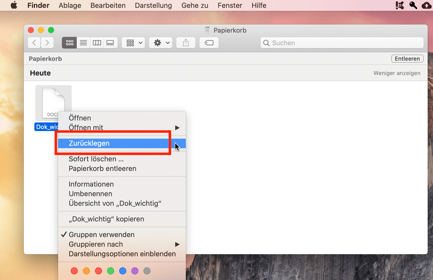 Papierkorb bei Mac: Auswahl-Funktion zum Wiederherstellen einer Datei 