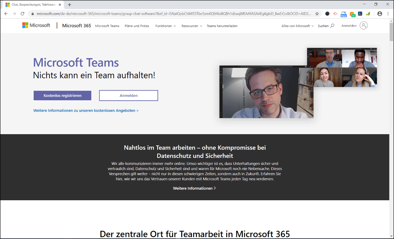 Website des Videotelefonie-Anbieters Microsoft Teams