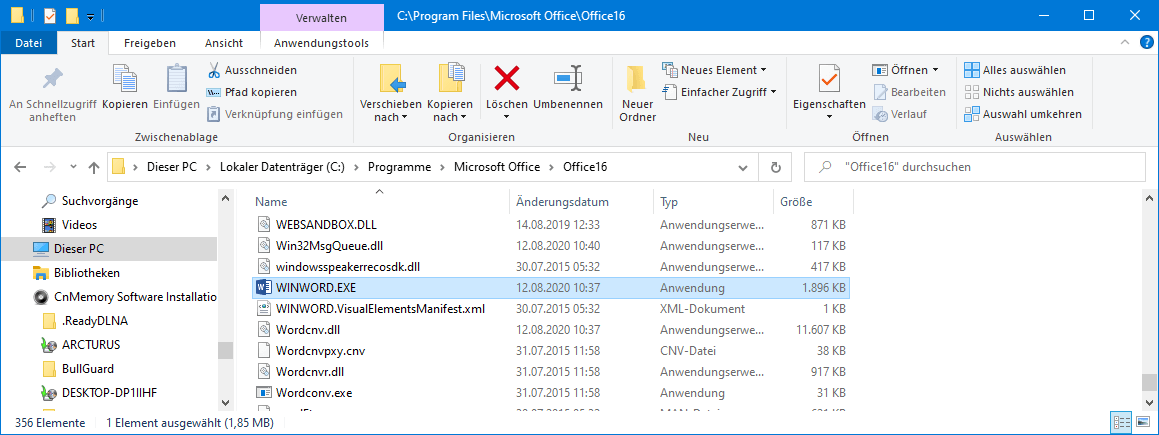 Verzeichnis von Microsoft Office im Explorer 