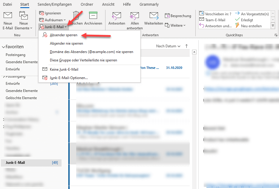 Outlook: Absender sperren im Junk-E-Mail-Menü