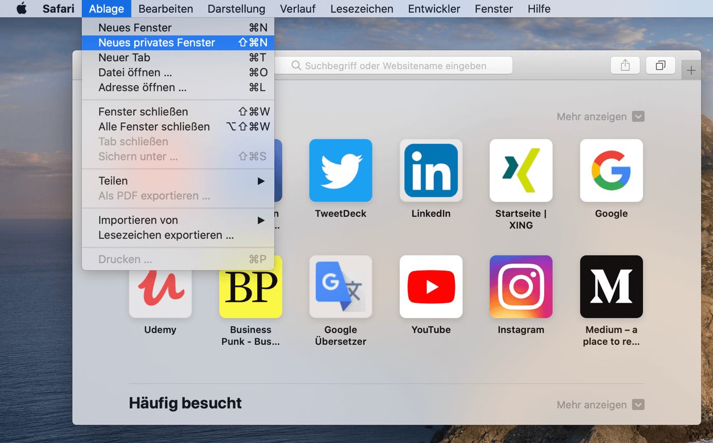 Privates Surfen in Safari auf dem Mac über die Menüleiste aufrufen
