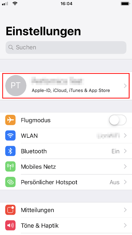 iOS: Menü „Einstellungen"