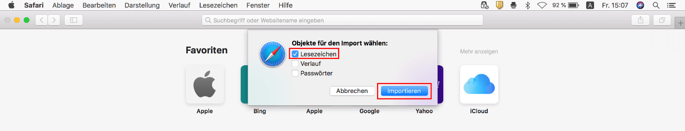 Safari-Dialog „Objekte für den Import wählen“