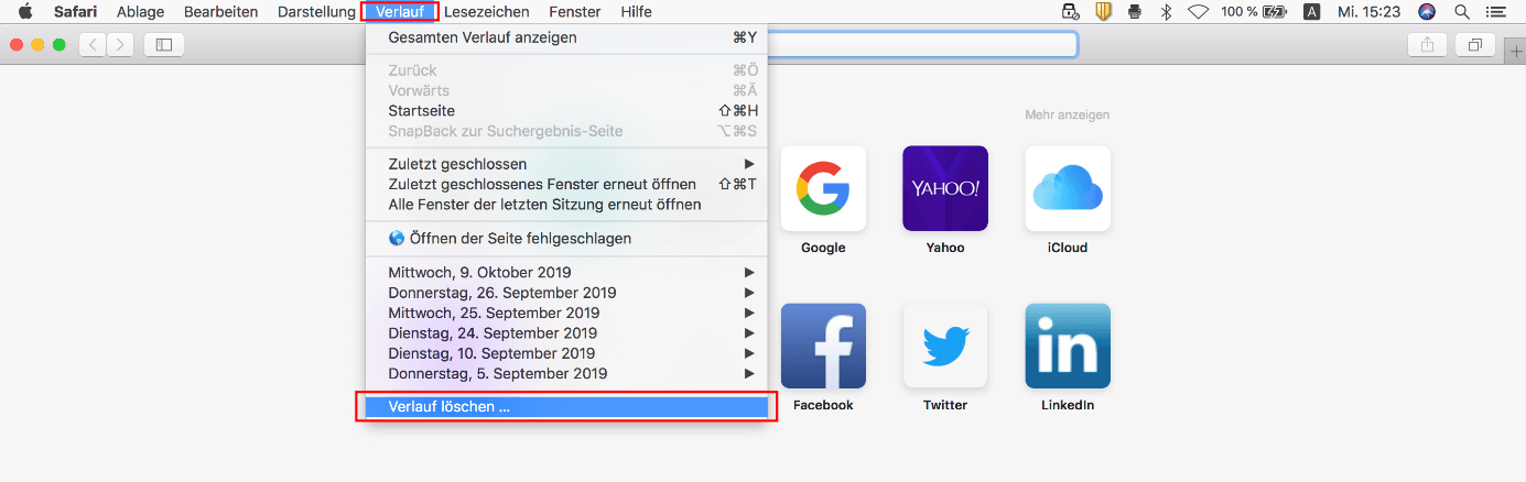 Safari-Menü „Verlauf“ in der Desktop-Version