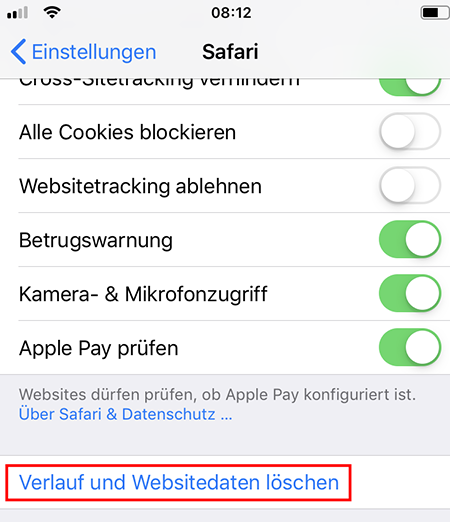 iOS-Einstellungen für Safari: „Verlauf und Websitedaten löschen“