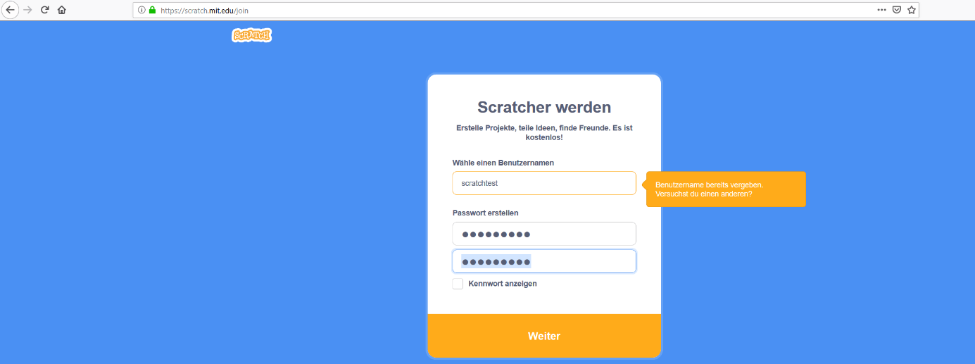 „Scratcher werden“: Fenster zur Scratch-Nutzerkonto-Erstellung