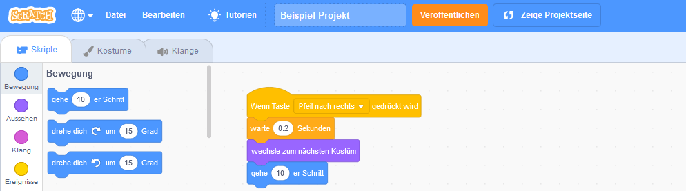 Scratch programmieren: Skript-Übersicht im Beispiel-Projekt