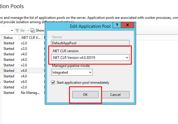 IIS-Manager, Application Pools: .NET-Version auswählen