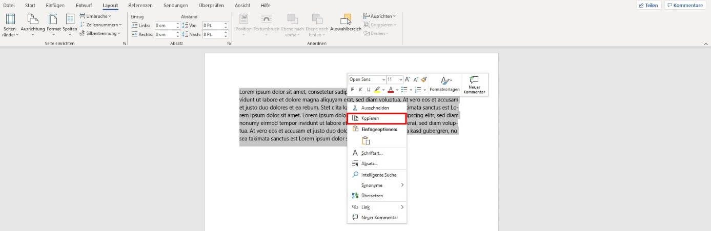 Microsoft Word: Text in Zwischenablage kopieren 