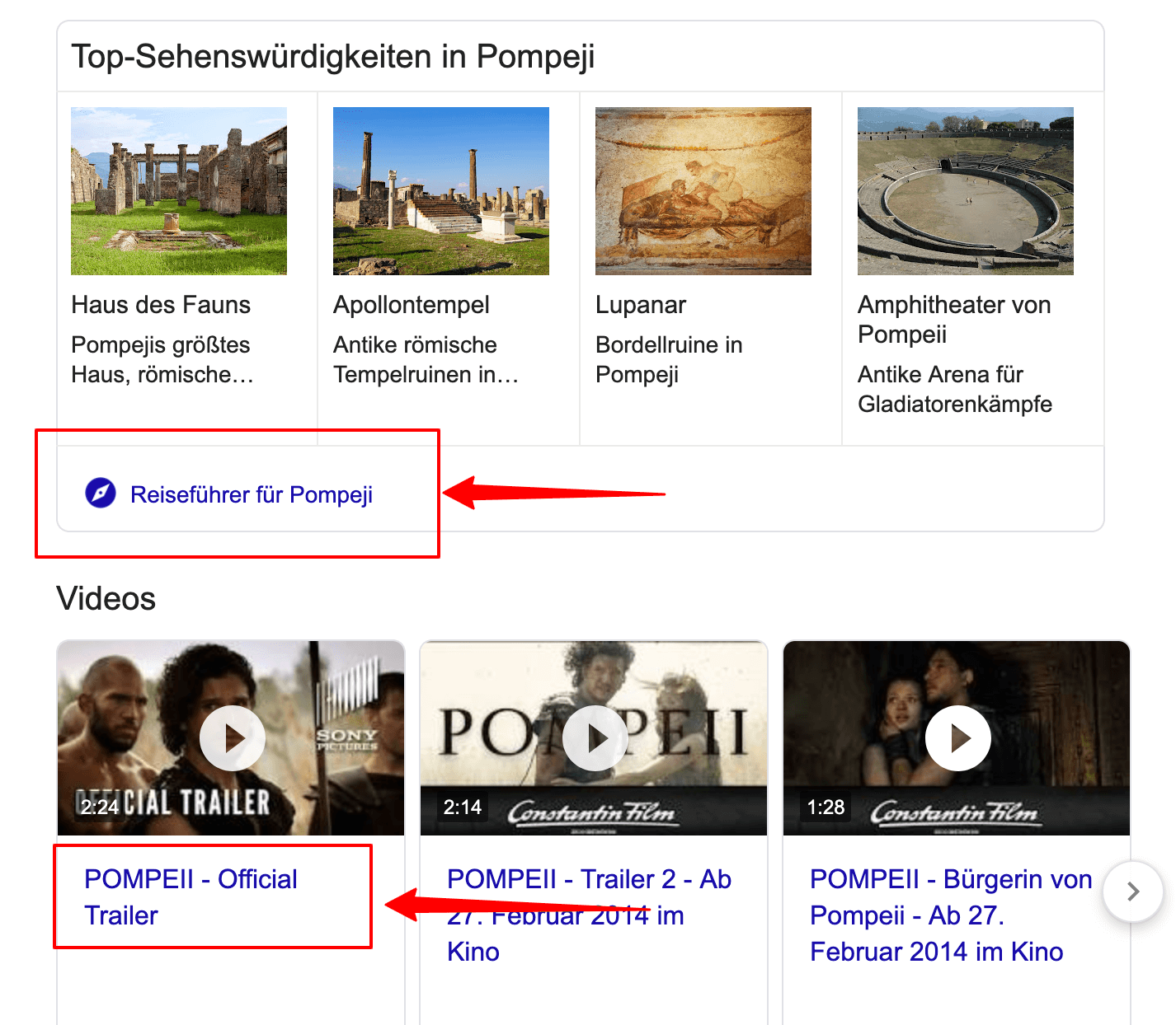 SERP-Features für den Suchbegriff „pompeii“ auf google.de 