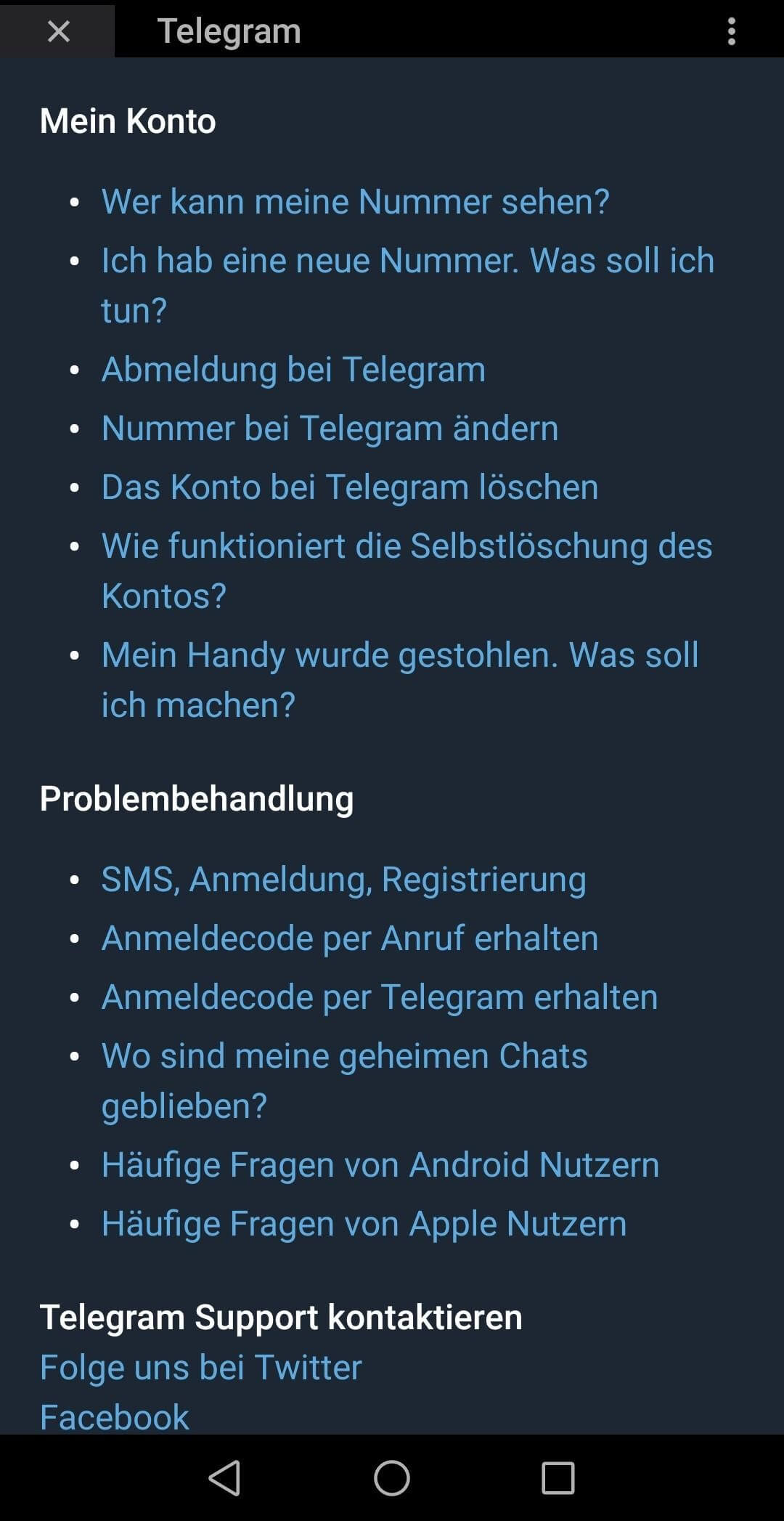 Telegram-App FAQ-Bereich mit „Mein Konto“